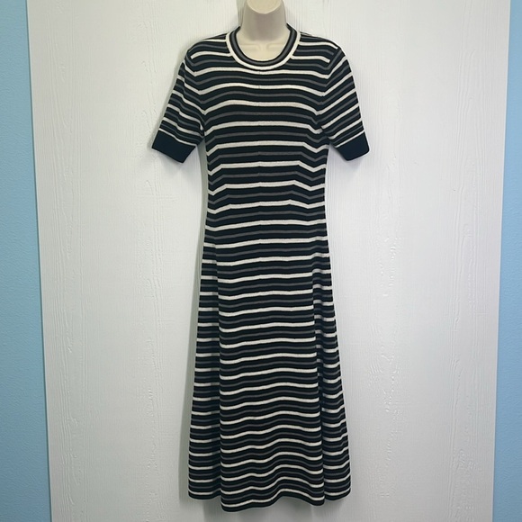 EVERLANE - Ribbed Taupe Canvas Black Stripe Short Sleeve Midi Dress Size Large - Picture 4 of 12
